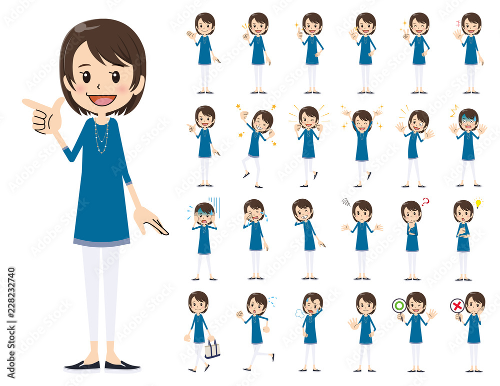 female charactor set. Various poses and emotions.