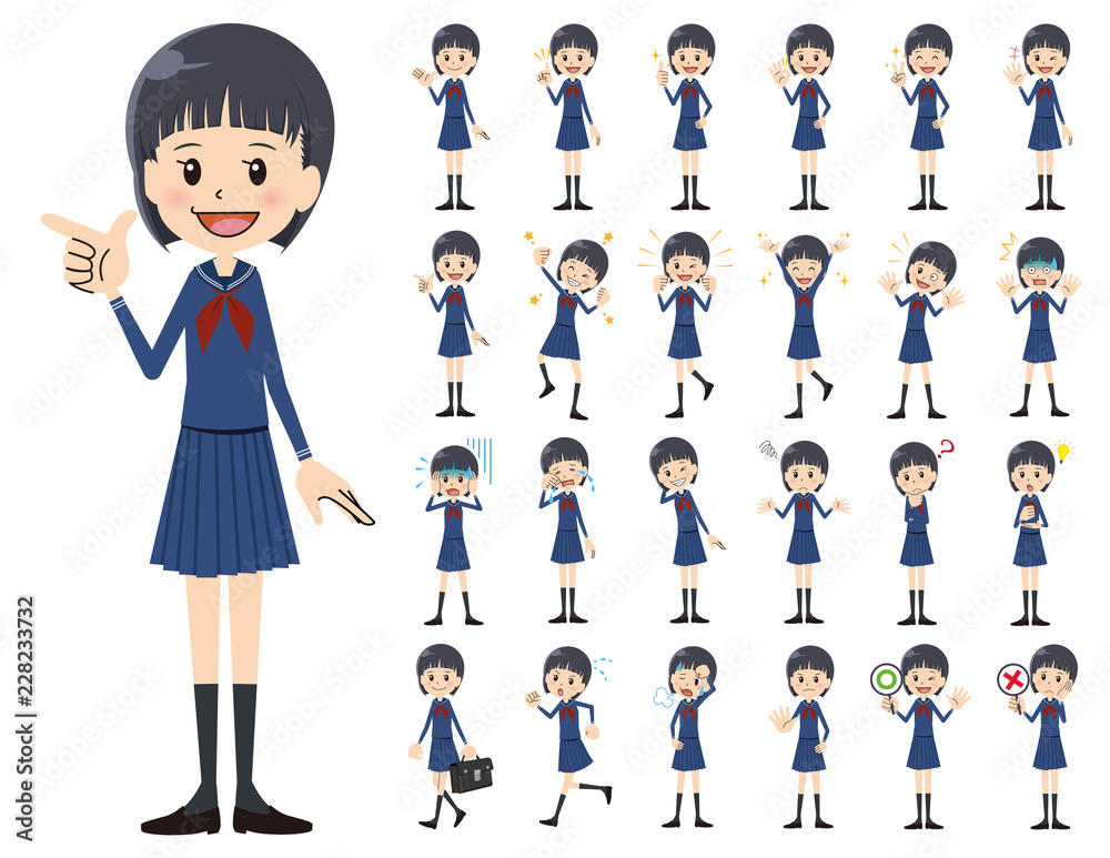 Schoolgirl charactor set. Various poses and emotions.