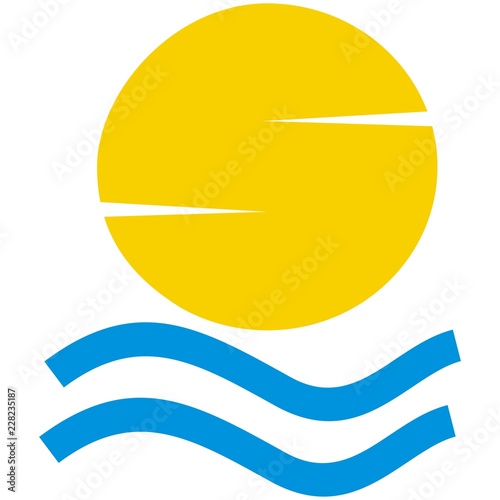 Sun above the water surface. Orange sun and blue waves. Concept for holiday activity. Isolated object.