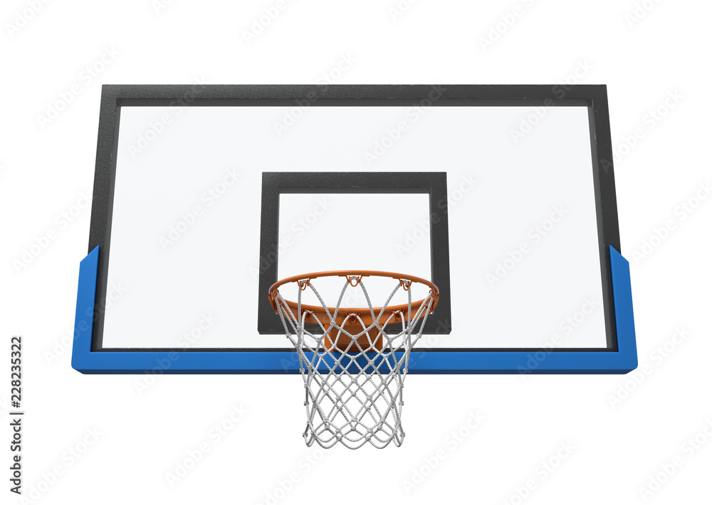 3d rendering of a basketball hoop with an empty basket and transparent backboard.