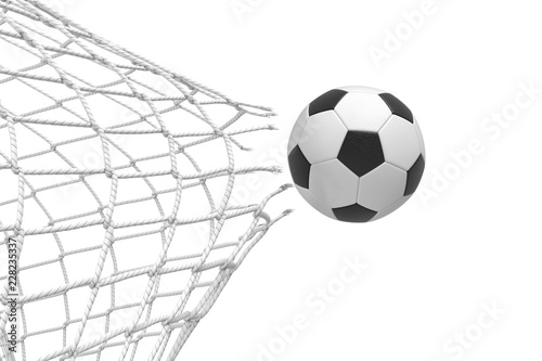 3d rendering of a football ball breaking a net with a force of its hit and flying away.