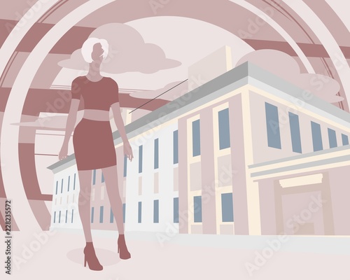 Woman in top and short skirt standing at historic building