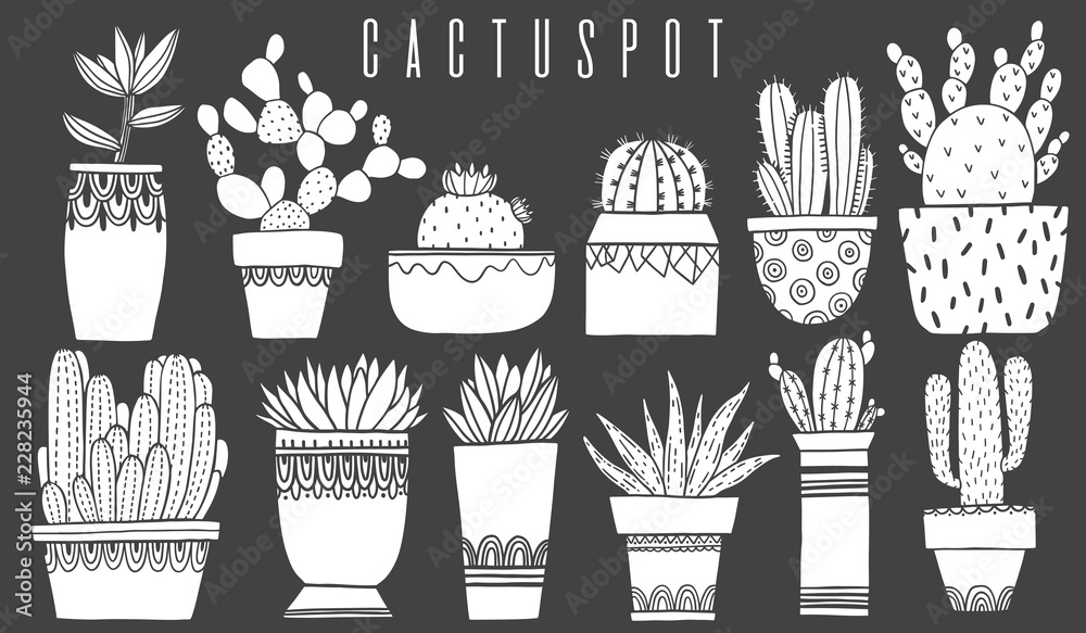Set cactus pot and succulent in sketch style.White element isolated in  black. Flat drawing element design. Decoration collection plant. Stock  Vector | Adobe Stock