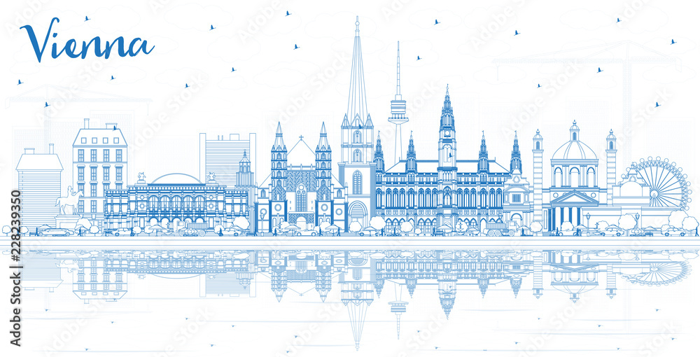Obraz Zarys panoramę miasta Wiedeń Austria z niebieskimi budynkami i odbiciami.