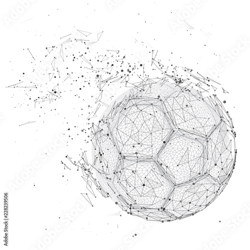 soccer ball in a modern abstract style. breaks up and flies crashing the background.