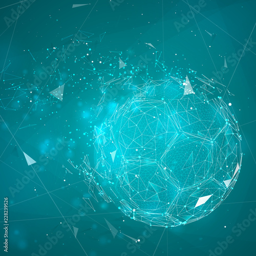 soccer ball in a modern abstract style. breaks up and flies crashing the background.