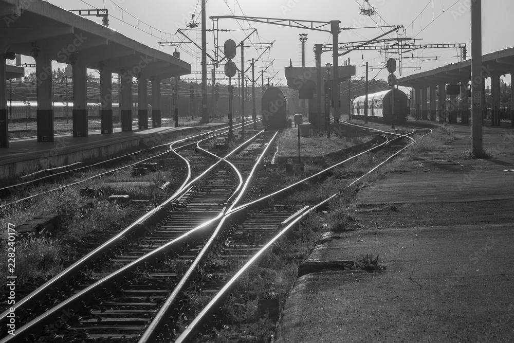 Railway station in black and white in the morning at sunrise in Cluj-Napoca, Romania