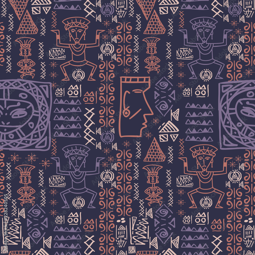 Vector hand drawn aztec pattern with seamless hieroglyphic symbol. Tribal background wallpaper for fashion wrapping and textile print.