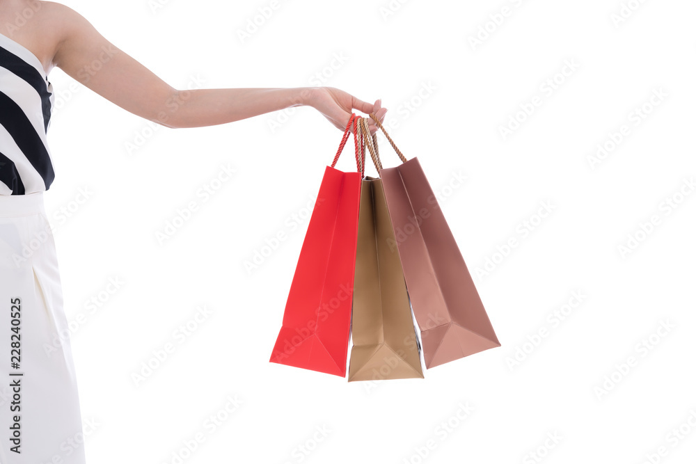 woman holding shopping bag isolated on white background