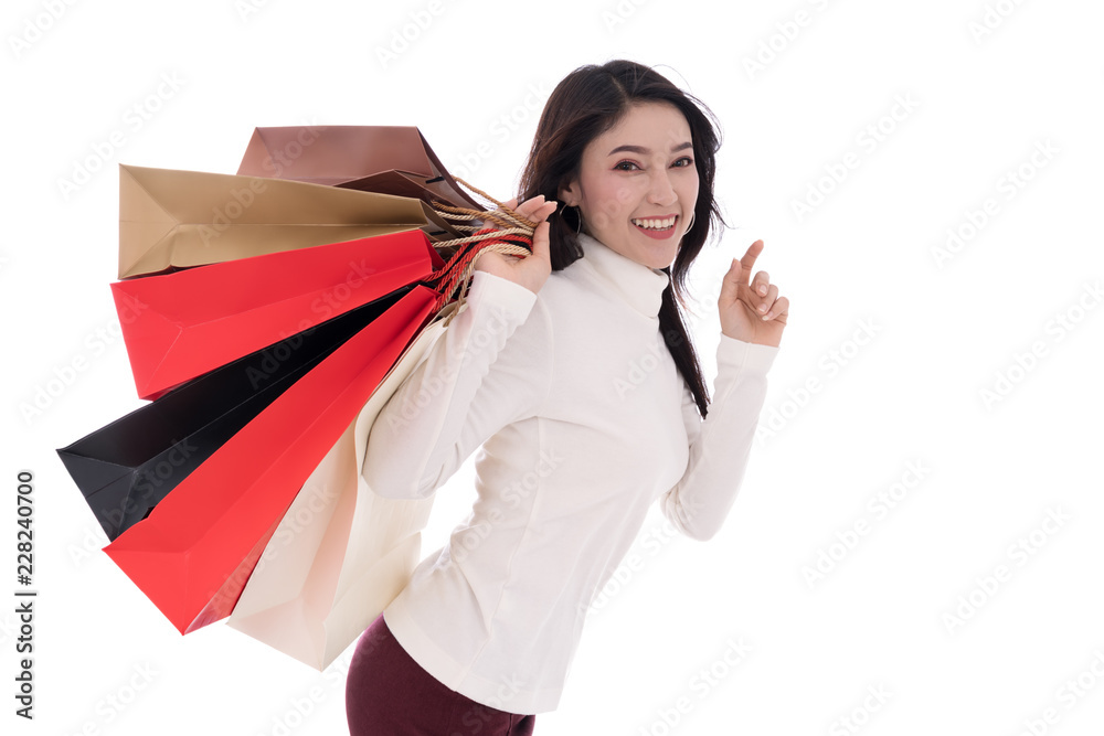 cheerful woman holding shopping bag isolated on a white background cheerful woman holding shopping bag isolated on a white background
