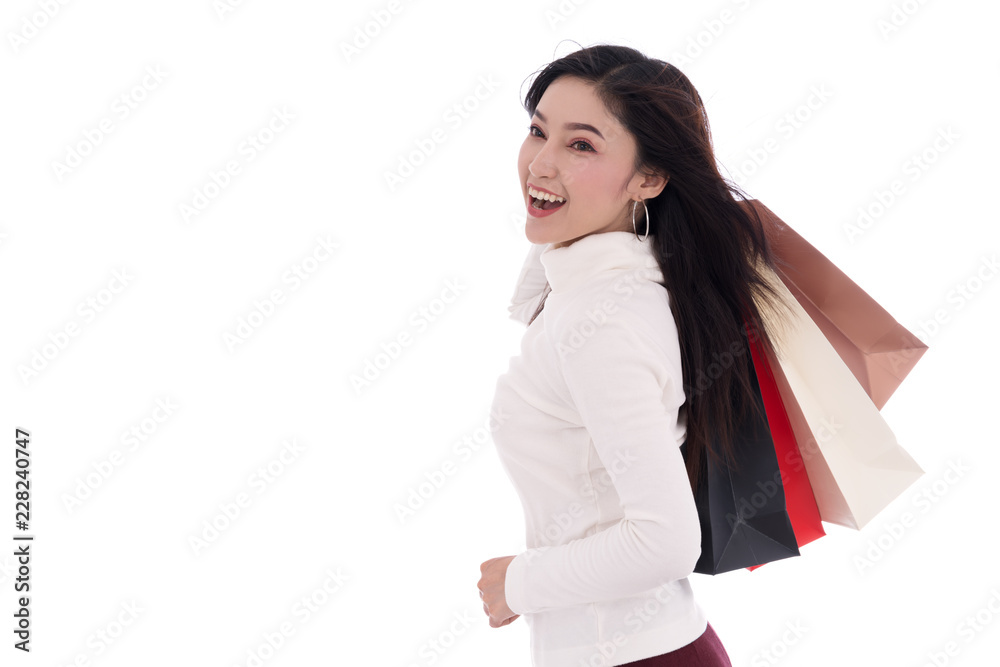 cheerful woman holding shopping bag isolated on a white background cheerful woman holding shopping bag isolated on a white background