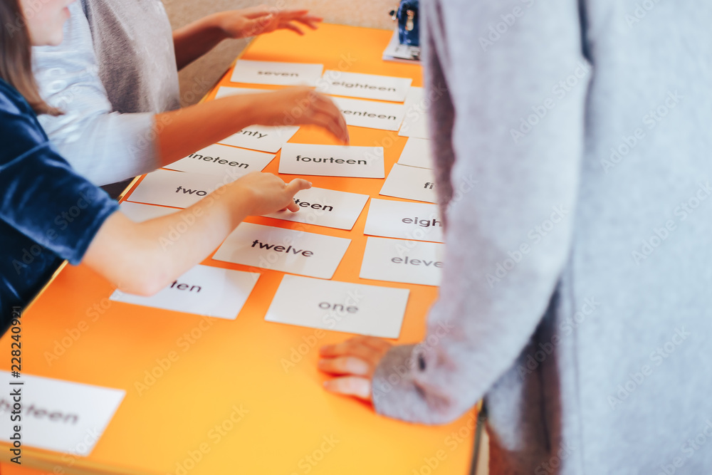 students education play cards with pictures in English and numbers ...