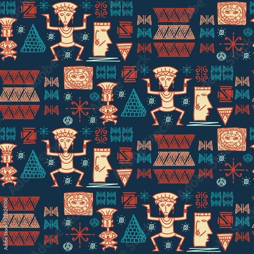 Aztec tribal pattern vector with hand drawn Hieroglyphics symbol. Maya historical theme background for wallpaper, wall wrapping, paper, and fashion print.
