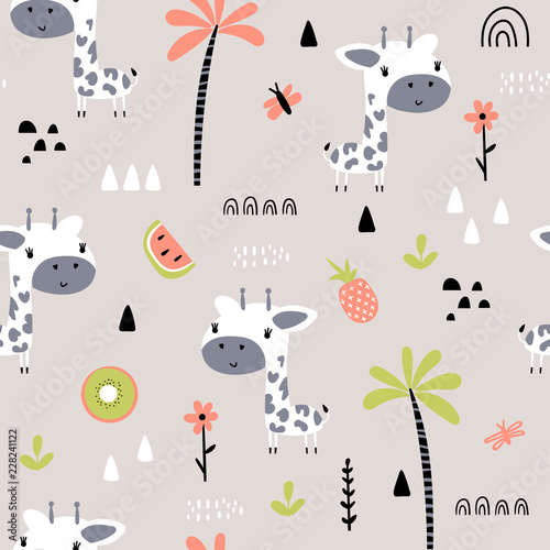 Seamless background with cartoon giraffes