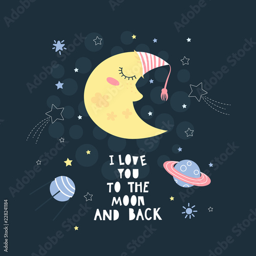 Cute cartoon moon and text