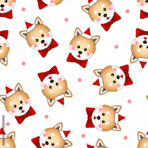 Shiba Inu Santa Claus Dog with Red Ribbon on White Background