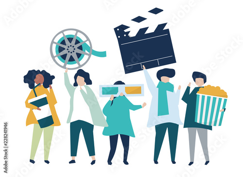 Characters of people holding movie icons illustration