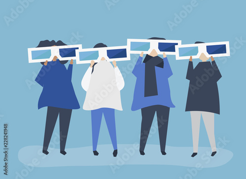 Characters of people holding 3d glasses illustration
