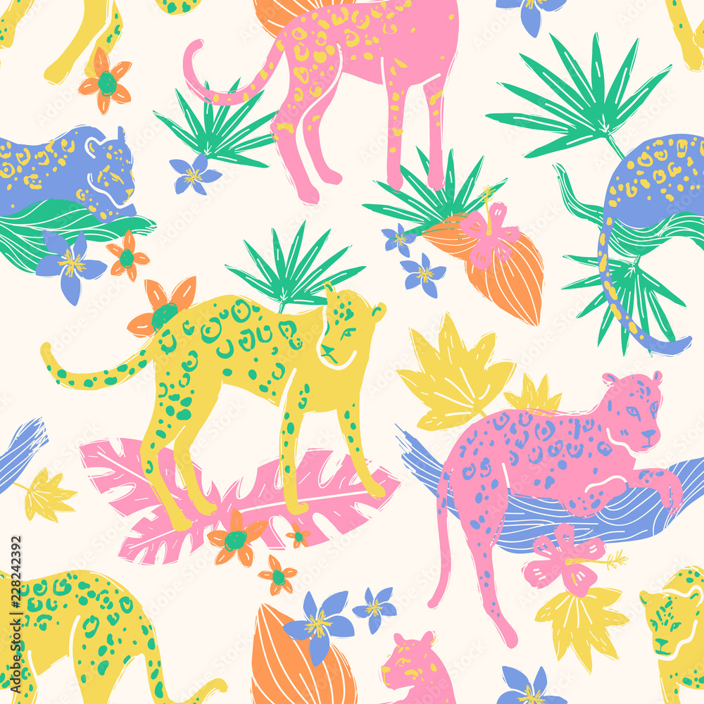 Vector seamless pattern with jaguars and jungle plants, leaves a Vector seamless pattern with jaguars and jungle plants, leaves a
