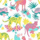 Vector seamless pattern with jaguars and jungle plants, leaves a