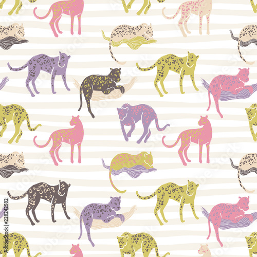 Vector seamless pattern with jaguars. Going, staying, sleeping, 