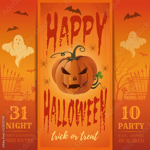 Invitation card for a Halloween night party. Eat, drink, be scared. Halloween design with jack o lantern. Vector illustration