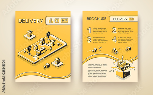 Business delivery, logistic startup mobile service advertising brochure, flyer or poster line art isometric vector template, pages design layout with truck on cellphone screen carrying cargo in city