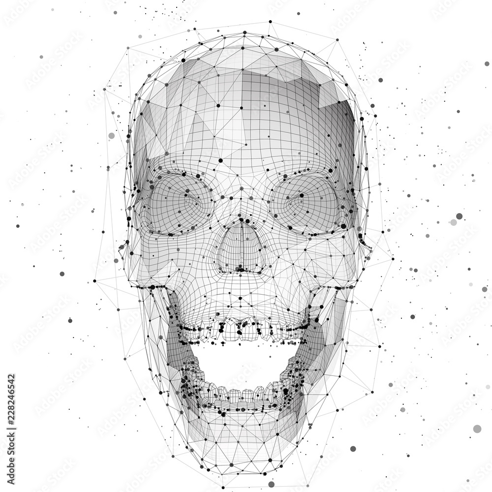 3d vector human skull of all segments explodes.
