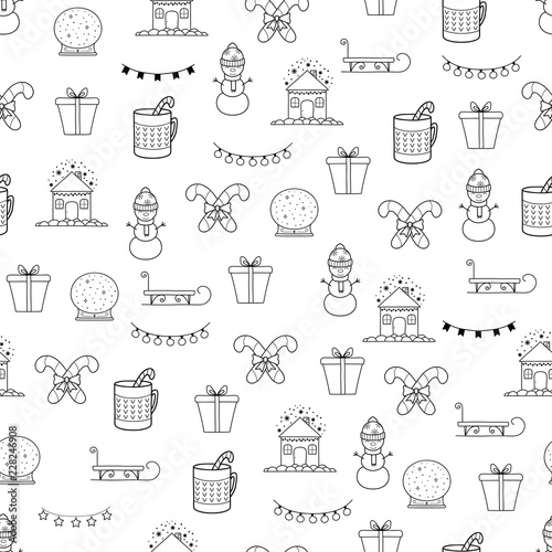 Hand drawn Merry Christmas and Happy New Year doodle seamless pattern