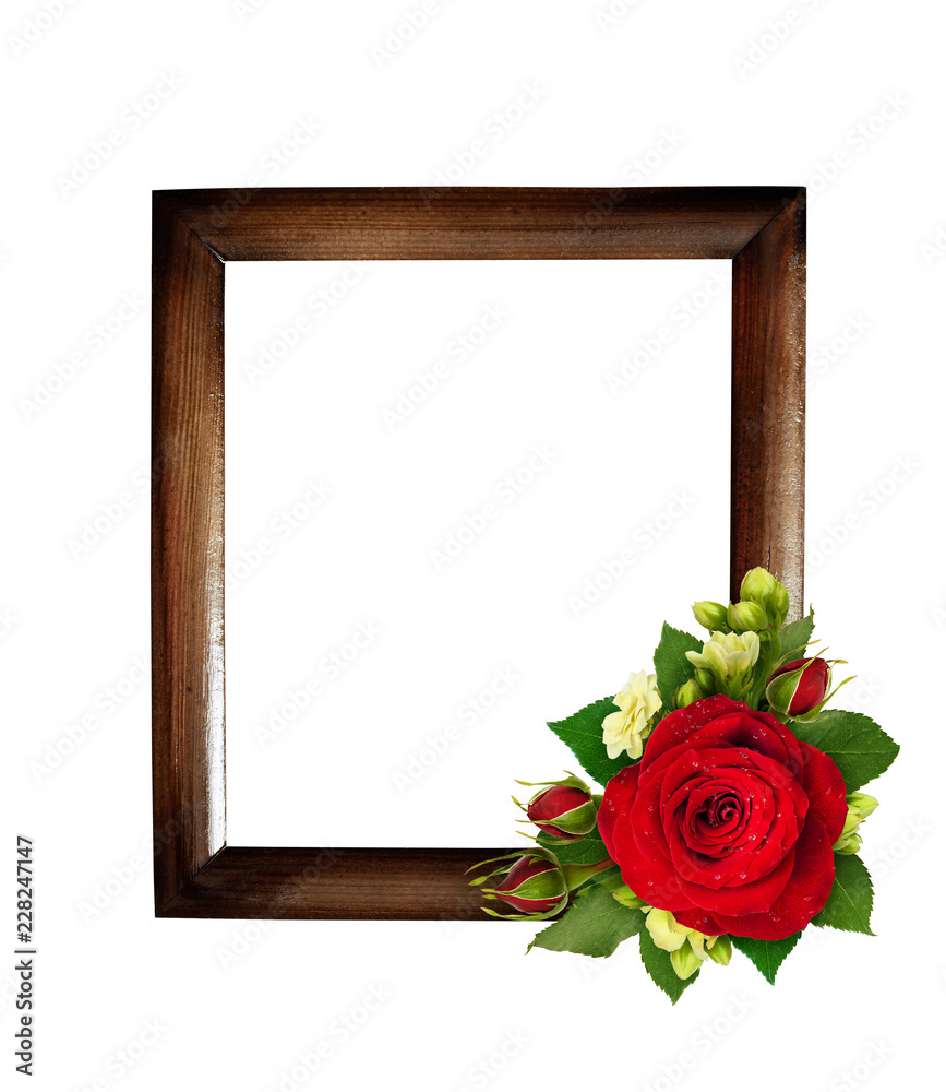Fototapeta premium Floral composition with red roses and bouvardia flowers with wooden frame