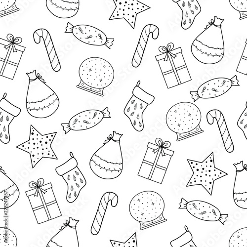 Hand drawn Merry Christmas and Happy New Year doodle seamless pattern