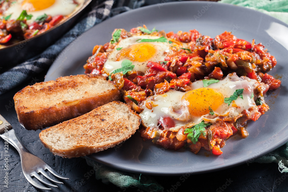 Portion of shakshuka on a plate Portion of shakshuka on a plate