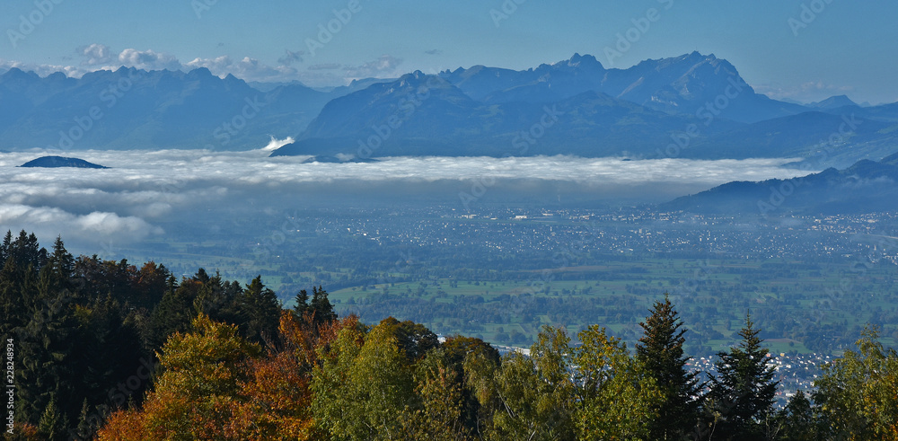 Blick vom Pfänder zum Alpstein, Säntis und Altmann, in den Schweizer Alpen