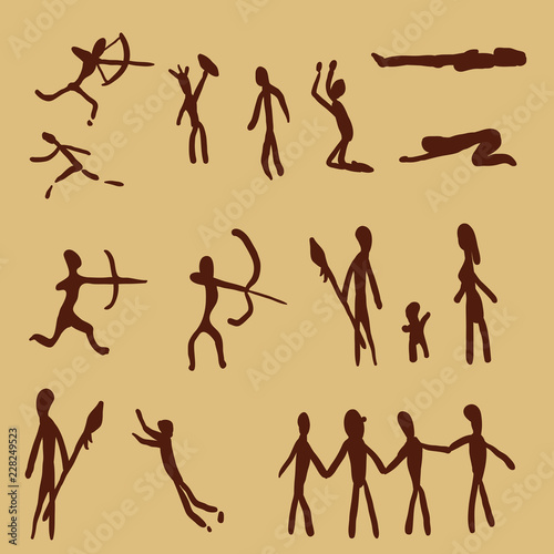 Vector Set of Cave Painting People. Primitive Art Illustrations.