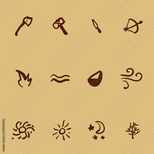 Vector Set of Icons in Cave Drawings Style. Tools and Nature Elements.