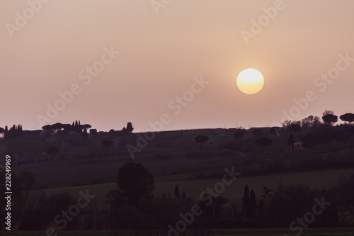 Sunset with sand suspended in the atmosphere, coluring the sky red, over some trees silhouettes