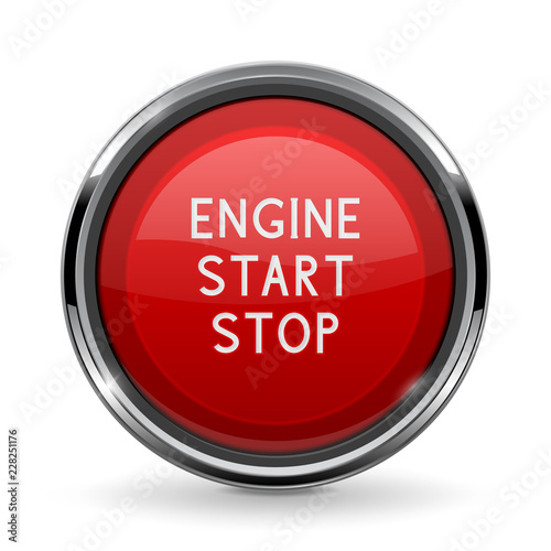 Engine start stop button with chrome frame. Red car dashboard element
