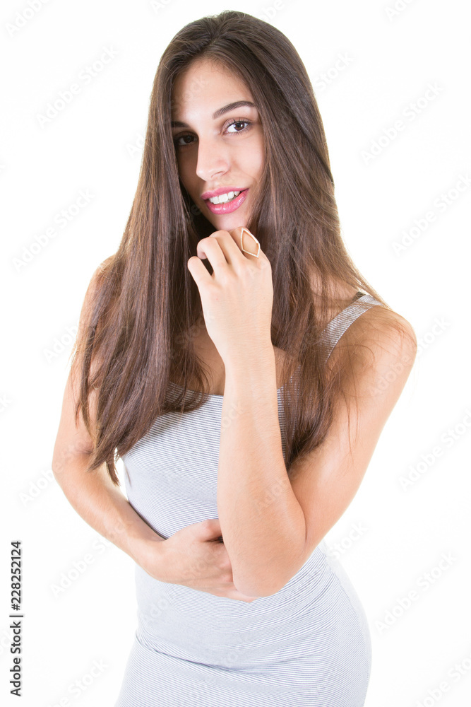 Young beautiful woman thinking looking face on white wall Young beautiful woman thinking looking face on white wall