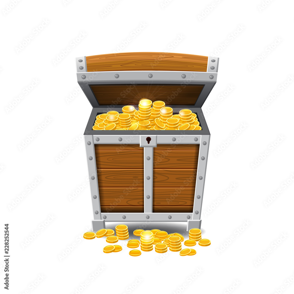 Φωτογραφία Wooden old pirate chests, full of treasures, gold coins, treasures, vector, cartoon style, illustration, isolated