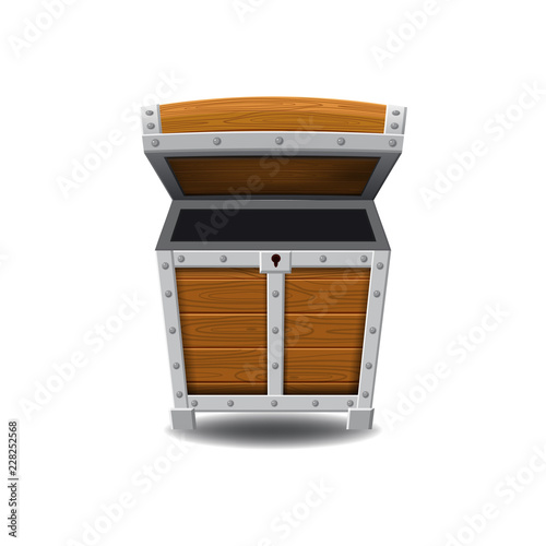 Wooden old pirate chests, open, treasures, vector, cartoon style, illustration, isolated. For games, advertising applications