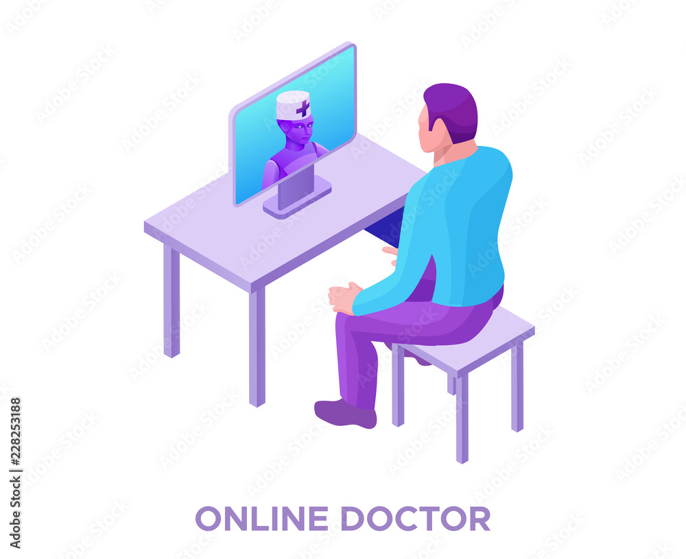 Online doctor consulting patient, artificial intelligence in healthcare infographics,  smart medical robot isometric 3d vector illustration with ai technology in future medicine