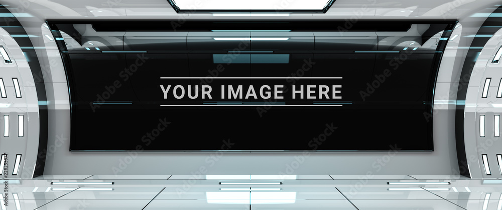 Obraz premium White spaceship interior with large window view 3D rendering