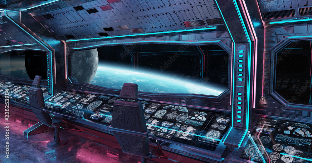 Grunge Spaceship interior with view on planet Earth 3D rendering Grunge Spaceship interior with view on planet Earth 3D rendering