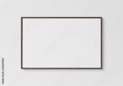 Black rectangular horizontal frame hanging on a white wall mockup 3D rendering