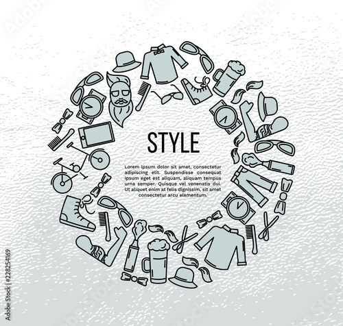 Hipster accessories set in line art style with trendy clothing, gadgets, bicycle, icons collection, template for banner, flyer, print, vector illustration