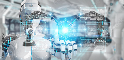 Fotografía White woman robot using robotics arms with digital screen 3D rendering