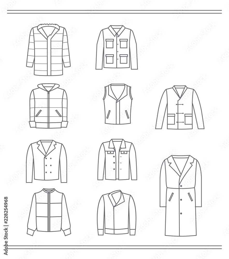Set of icons of clothing, grey contours of men's jackets, autumn and winter models,isolated on white background. Set of icons of clothing, grey contours of men's jackets, autumn and winter models,isolated on white background.