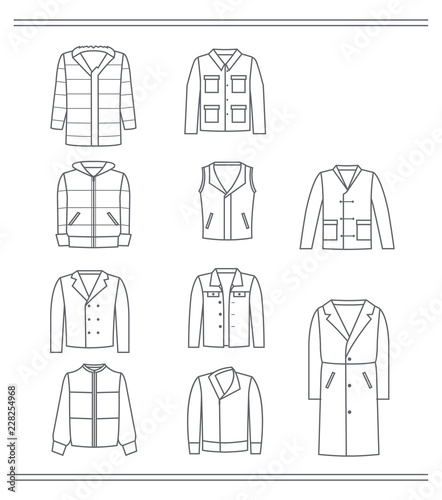 Set of icons of clothing, grey contours of men's jackets, autumn and winter models,isolated on white background.