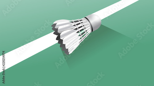 realistic shuttlecock with long shadow in line badminton court