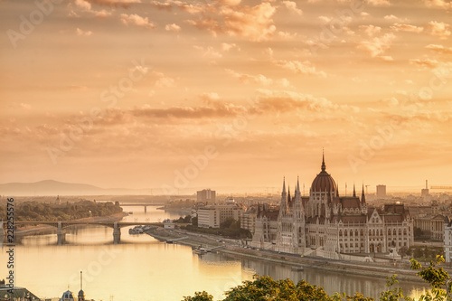 Budapest cityscape with Parliament building and Danube river